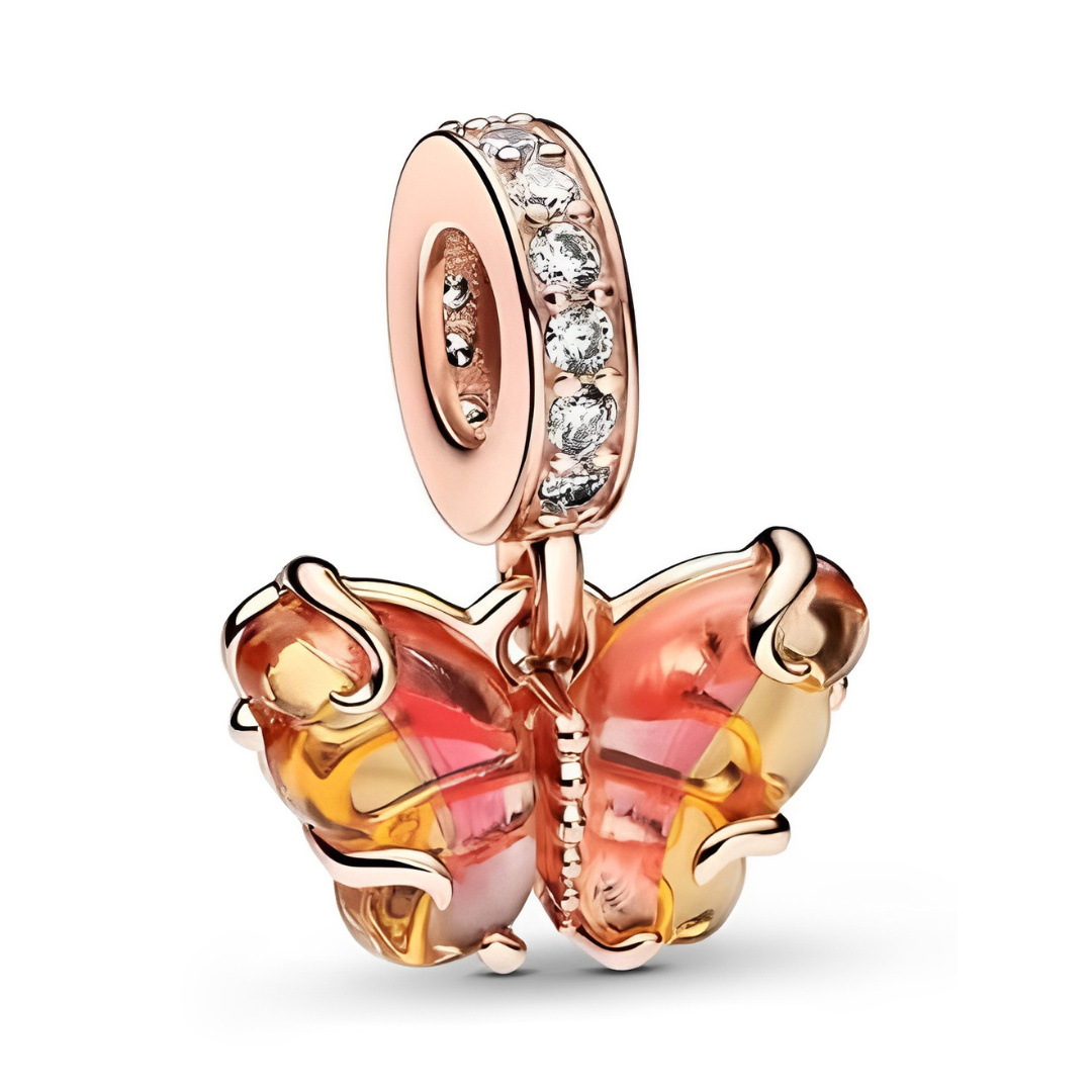 Gradient Murano Cam Gül Altın Kelebek Sarkan Charm