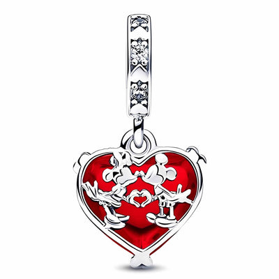 Disney- Mickey &amp; Disney- Minnie Mouse Kiss Kırmızı Murano Cam Sarkan Charm